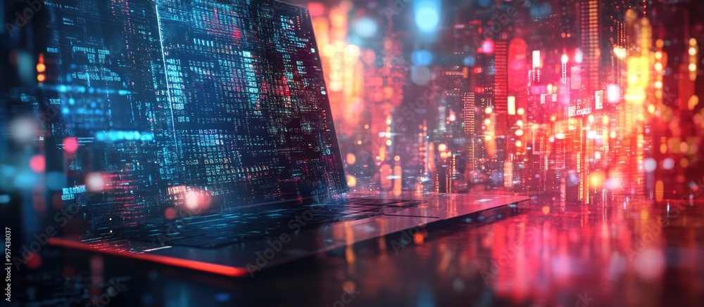 Poster double exposure of a desktop featuring a computer and a technological design represents the concept 