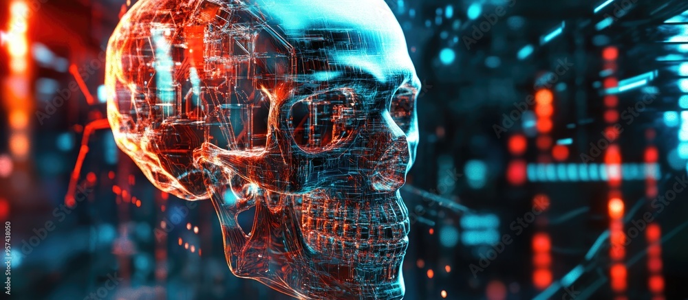 Poster 3d rendering of a cybernetic skull in the foreground