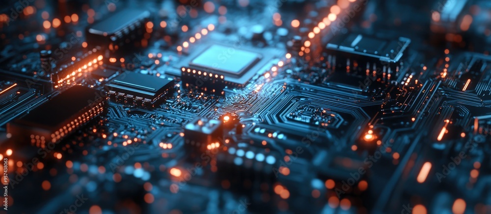 Poster high tech ai supercomputer with a close up view of a transistor on a printed circuit board