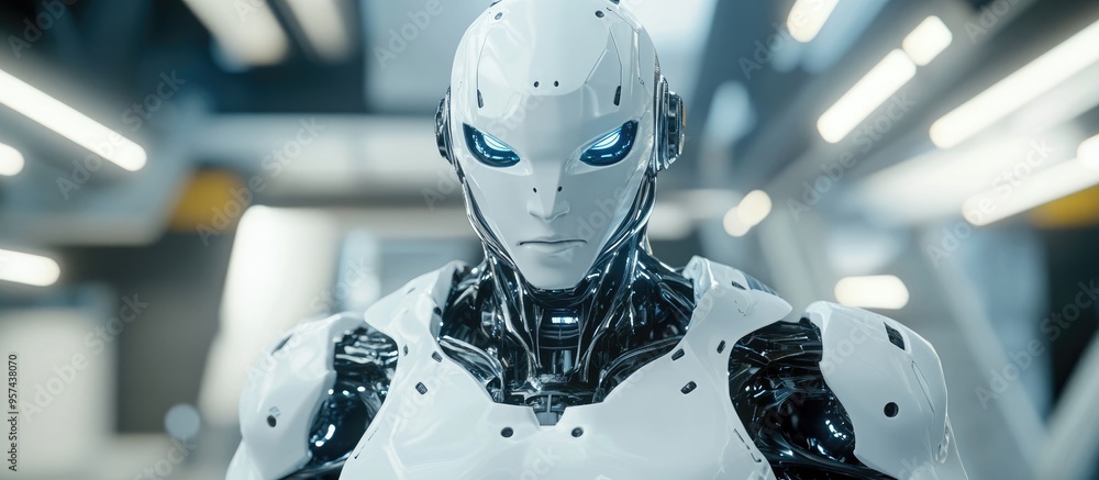 Poster robot showcasing strength in a high tech environment humanoid or cyborg ai technology concept futuri