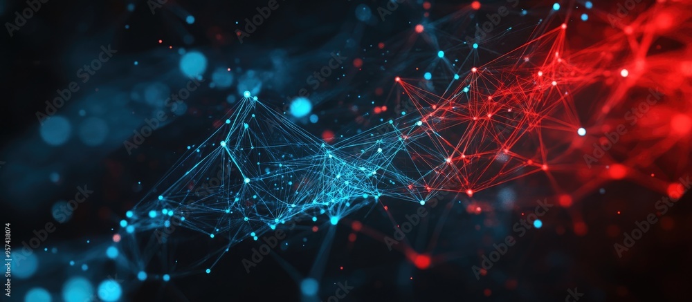 Poster artistic illustration of a blockchain network set against a dark abstract background with red and bl