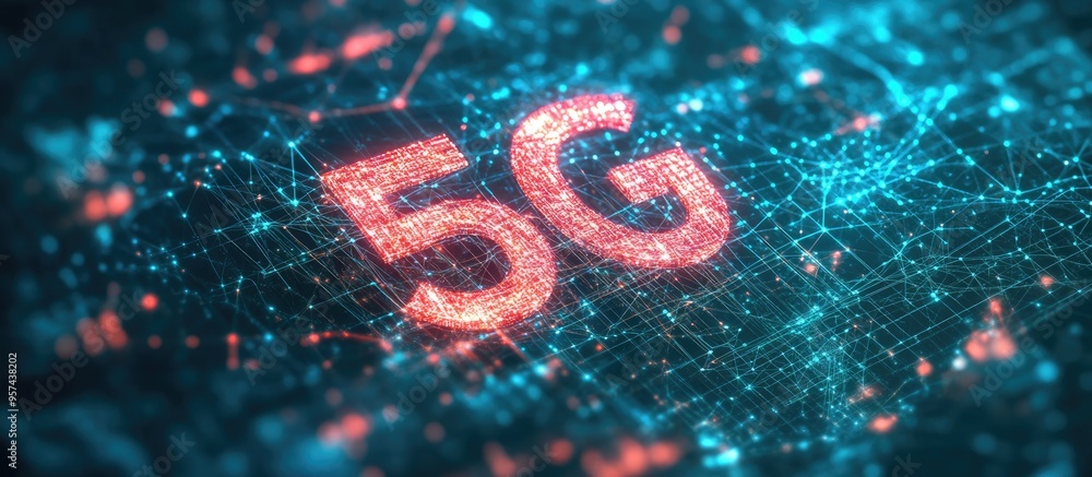Poster holographic illustration of a digital 5g virtual global network structure showcasing advanced techno