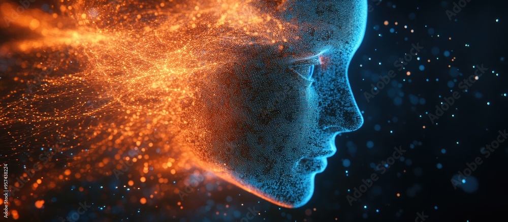 Poster abstract digital human face representing artificial intelligence in the context of big data and cybe