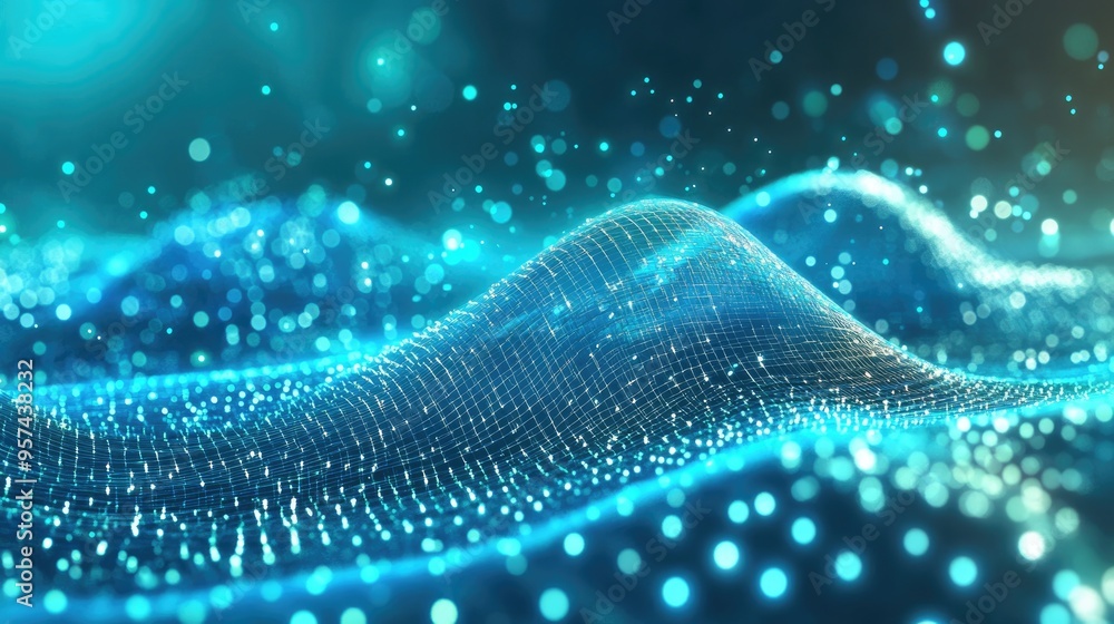 Poster Digital technology wave with blue and green backdrop featuring abstract representation of nano information and innovative data communication in the realm of AI and network connectivity