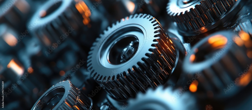 Poster close up view of a group of pinions showcasing components of a gearbox or servo mechanism against a 