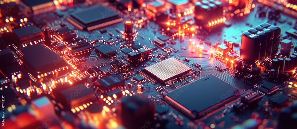 Poster close up of an electronic mainboard featuring components like a cpu circuit elements and connections