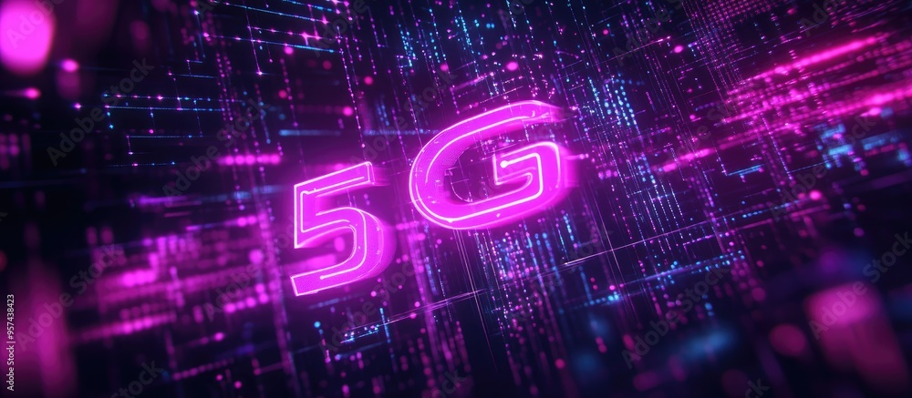 Aufkleber Animated 5G neon text on a black background illustrating global networking and digital advancement through wireless connections with a binary backdrop for cloud computing and programming