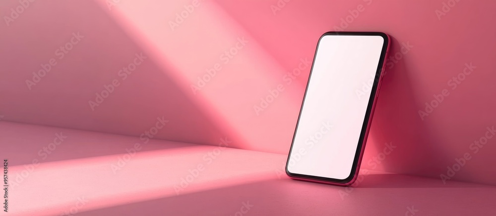 Aufkleber 3d rendering of a pink smartphone with a blank white screen resting on a pink floor the device is is