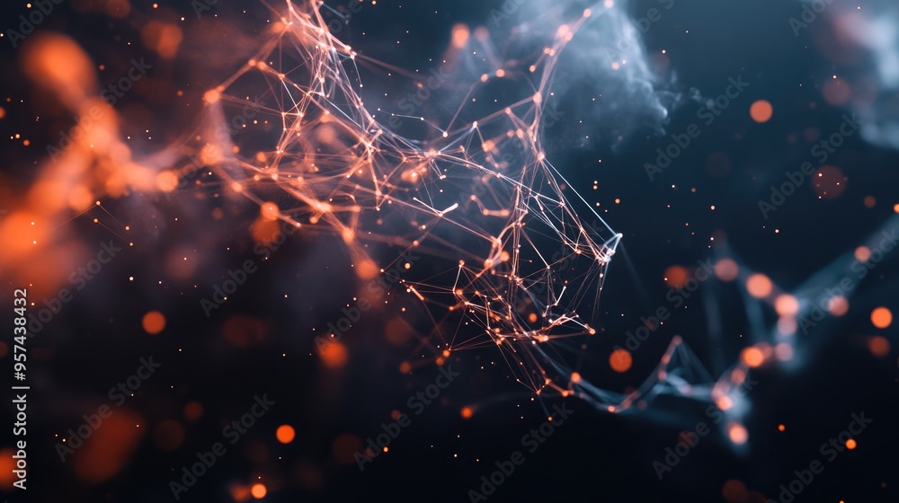 Poster futuristic technology concept featuring a dark background with chaotic lines and dots illustrating a