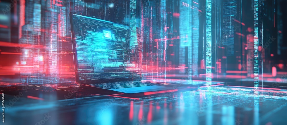 Poster technology themed illustration featuring a computer on a table multi layered exposure representing t