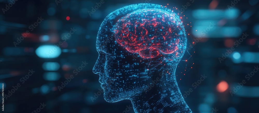 Aufkleber humanoid head representing artificial intelligence with a neural network processing big data and ana