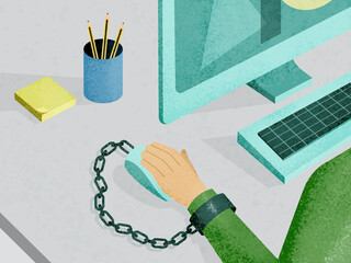 Man using computer mouse connected with handcuffs