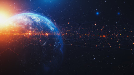 Obraz premium abstract business connection of line from nail node to node on world map background Innovation network points Earth's surface