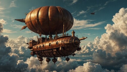Obraz premium A steampunk airship sailing through the clouds, with a backdrop of steam and interlocking gears in the sky.