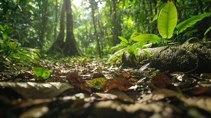   A lush forest brimming with verdant foliage and a carpet of leaf-strewn terrain, framed by towering trees in the distance