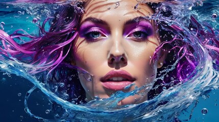 Woman With Purple Hair Submerged in Water