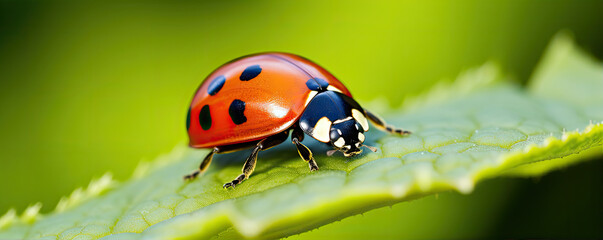 Obraz premium Ladybug maro shot on green leaf. Ledybird detail in natural habitat.