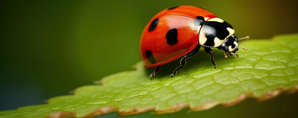 Fototapeta premium Ladybug maro shot on green leaf. Ledybird detail in natural habitat.