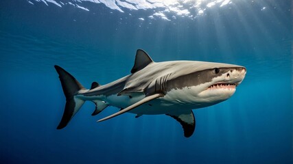 Fototapeta premium Great white shark swimming underwater with sun rays above, close-up view highlighting teeth and powerful body