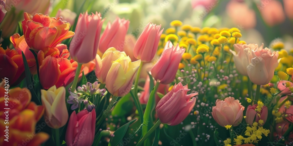 Poster a colorful display of tulips and various flowers creating a lively burst of hues