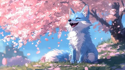   A white dog sits in green grass under a pink tree against a blue sky