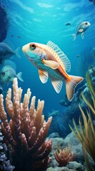 Fototapeta premium Colorful tropical fish swimming among vibrant coral reefs in clear blue ocean water