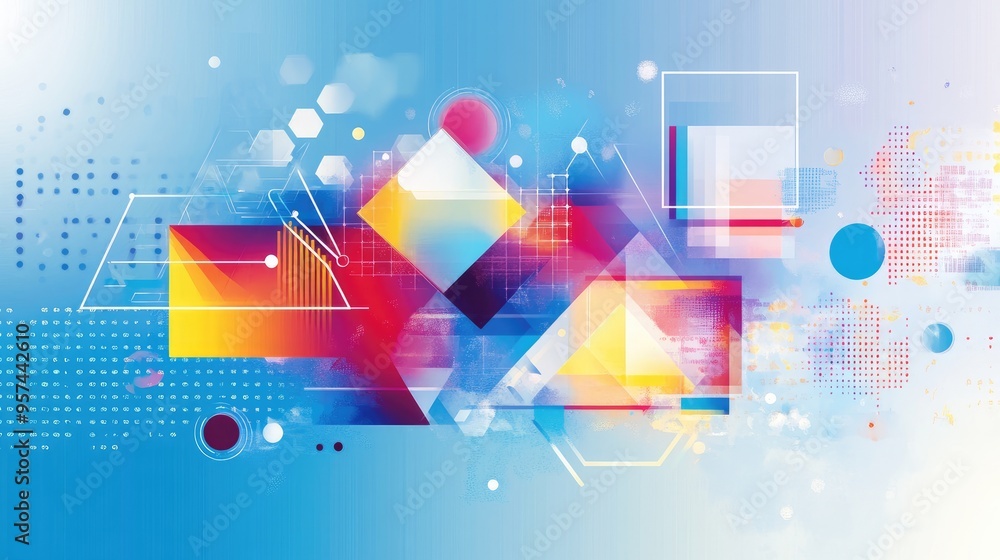 Poster blue abstract tech banner with colorful geometric shapes like squares, triangles, circles, and hexag