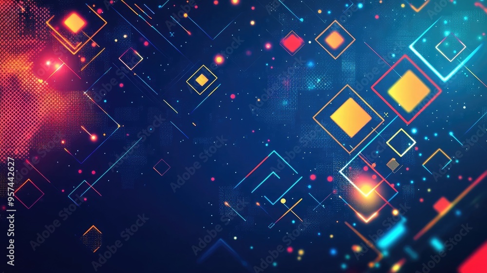 Poster blue abstract tech banner with colorful geometric shapes like squares, triangles, circles, and hexag