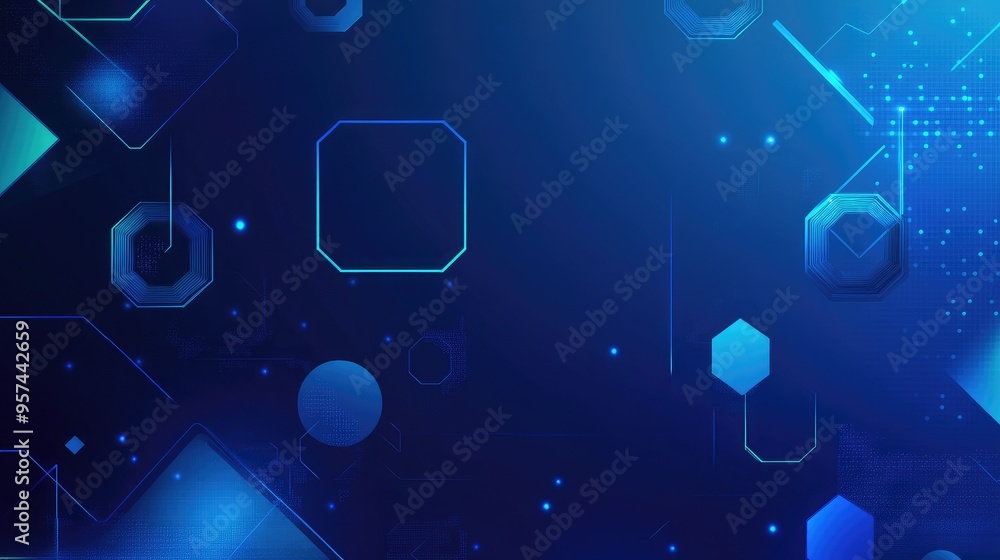 Poster blue geometric banner with modern dynamic shapes like squares, triangles, circles, and hexagons, cre