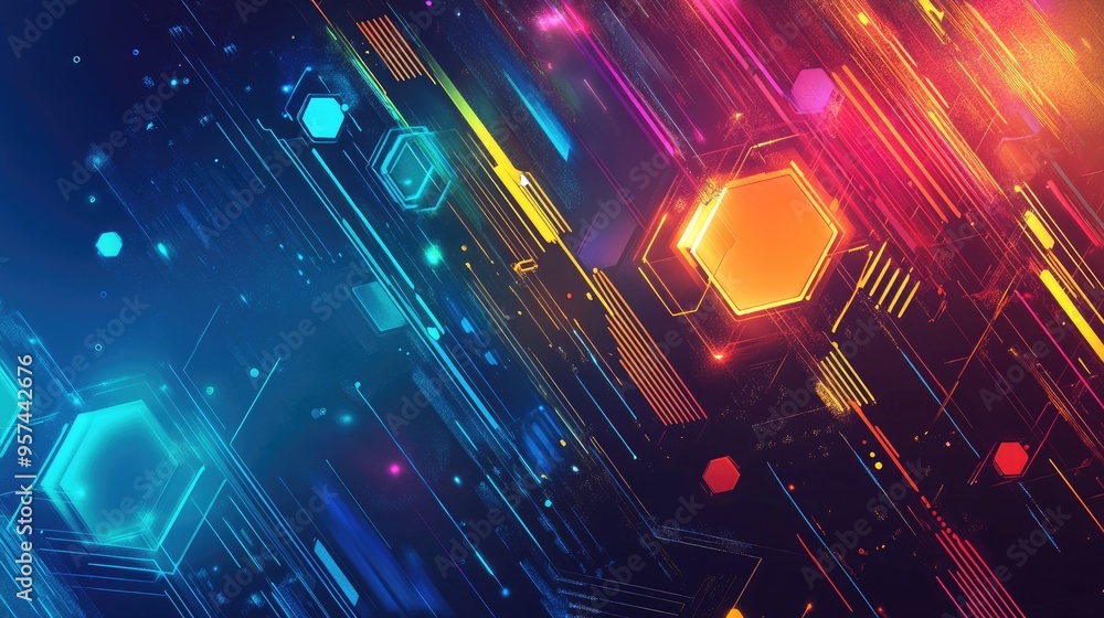 Poster blue abstract tech banner with colorful geometric shapes like squares, triangles, circles, and hexag