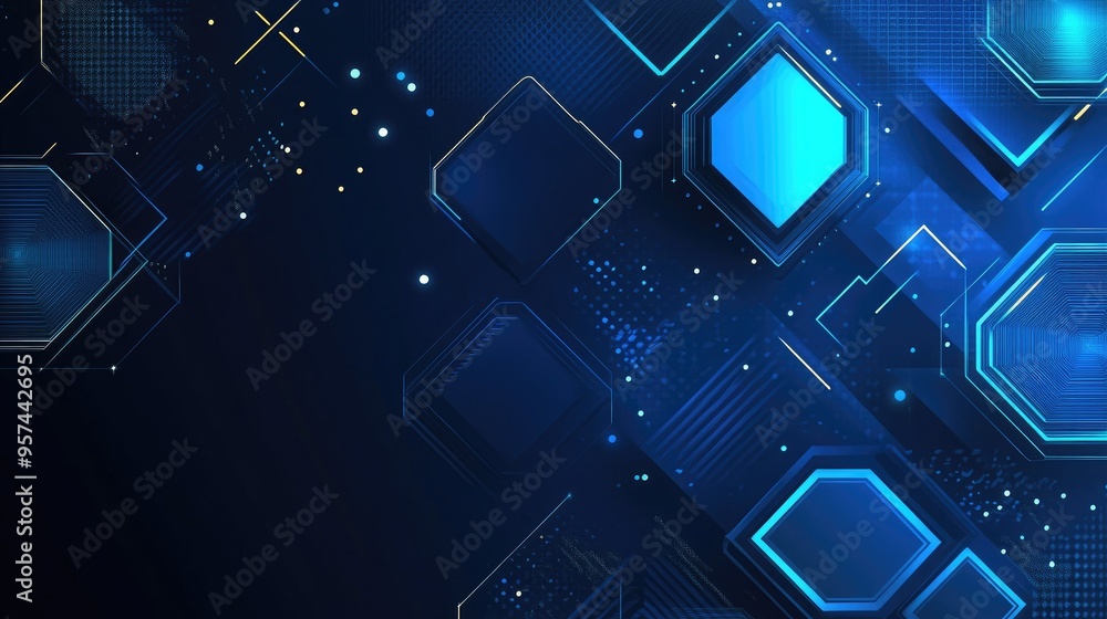 Poster blue geometric banner with modern dynamic shapes like squares, triangles, circles, and hexagons, cre