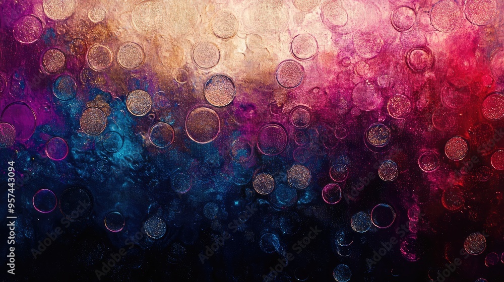 Poster dewy gradient backdrop adorned with shimmering circles, transitioning smoothly from dark shadows to 