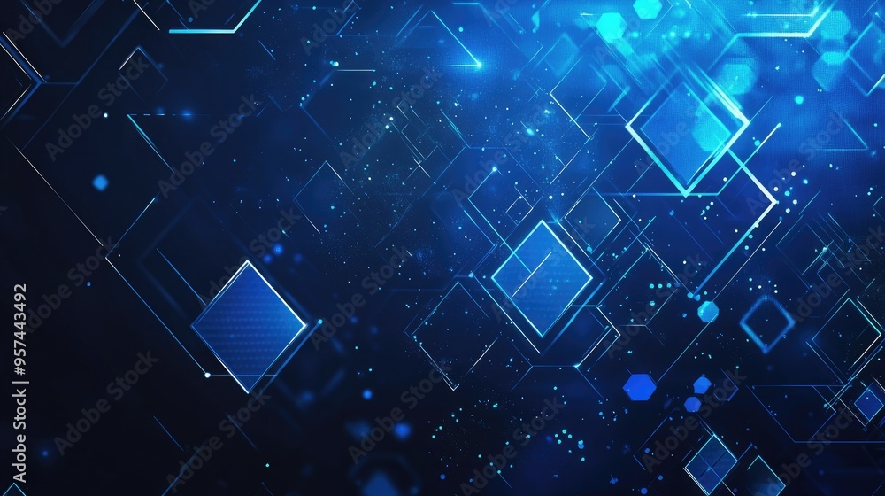 Fototapete dynamic blue geometric banner featuring squares, triangles, circles, and hexagons, creating a modern