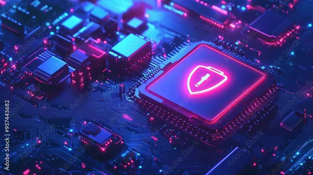 Poster vibrant close-up of a computer circuit board showcasing a glowing processor with cybersecurity prote