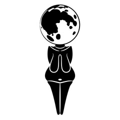 Lunar goddess. Paleolithic Venus with full moon as her head. Creative mythological concept. Black and white silhouette.