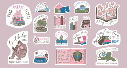 Fototapeta premium Sticker Book Lover Bundle SVG, Book lover, reading stickers, literary quotes, cat stickers, book-themed art, bibliophile gifts, reading accessories, bookworm stickers, book puns, reading motivation, c