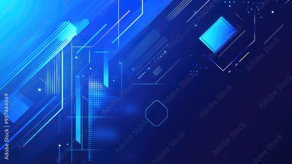 Poster vibrant blue geometric banner with dynamic shapes like squares, triangles, circles, and hexagons, cr