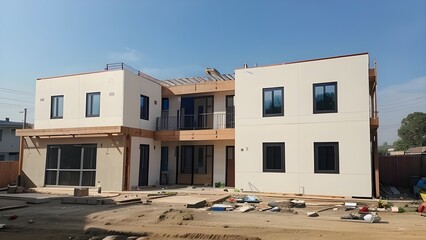 bâtiment maison construction travaux préfabriquer ciel bleu ensoleillé