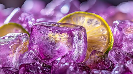   A photo of a stack of ice cubes with a lemon wedge perched atop one