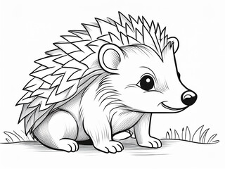hedgehog sitting on the lawn, line art, coloring for kids, white background