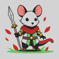 Fototapeta premium A cute, cartoon illustration of a small mouse holding a spear and standing in a grassy field. Red leaves are falling from the sky