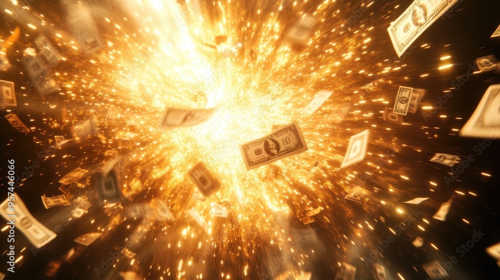 Poster explosive burst of money with golden sunbeams in the background, symbolizing wealth and opportunity 