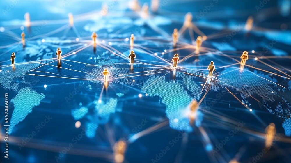 Poster global network of interconnected people represented by digital figures over a map background highlig