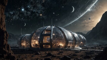 A dreamlike lunar base with structures made of transparent materials, set against a backdrop of a star-filled universe.