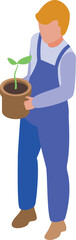 Gardener in workwear holding a plant pot with a small green sprout growing