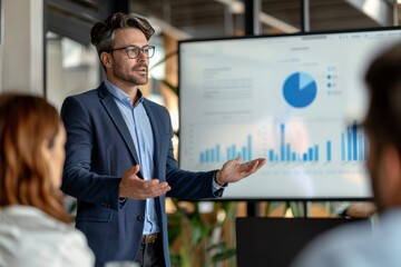 Confident corporate leader giving a presentation to colleagues.