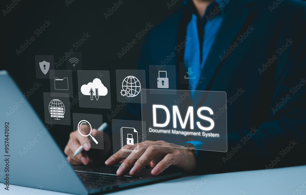 Poster digital document management system concept. businessman using laptop, with icons represent document 