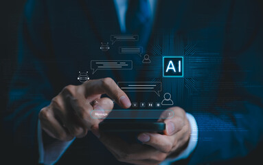 Chat with AI or Artificial Intelligence technology. Man uses smartphone chatting virtual with an intelligent artificial intelligence asks for the answers he wants. Smart assistant futuristic, Chatbot,