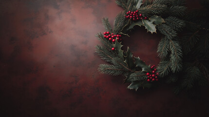 a small, handcrafted wreath made of pine branches and holly berries against an isolated muted chocolatebackground