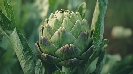 Fototapeta premium An artichoke grows amidst green leaves with a blurred background in the foreground